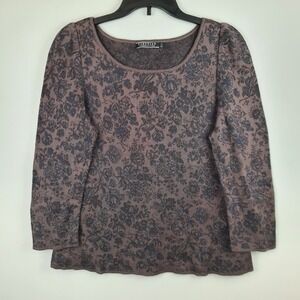 Peruvian Connection Pima Cotton‎ Top 3/4 Sleeve Shirt Brown Floral Print Large